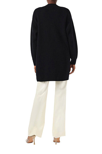 Monique Lhuillier Spring 2024 black chunky long cashmere cardigan with gold buttons - back.