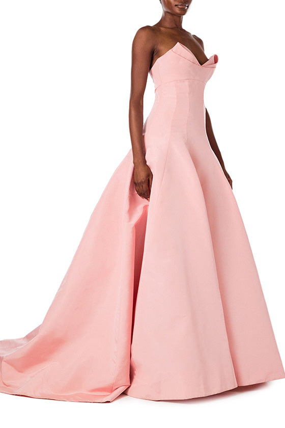 Monique Lhuillier strapless gown with seamed torso and draped, folded bodice in peony silk faille fabric.