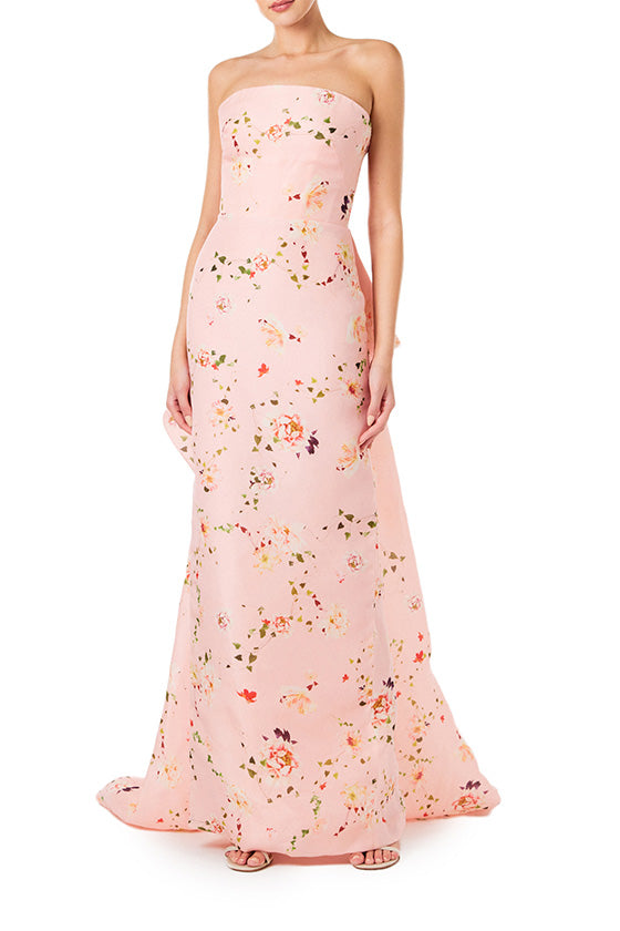 Monique Lhuillier strapless column gown in pink peony flora gazar fabric with tufted bustle train.