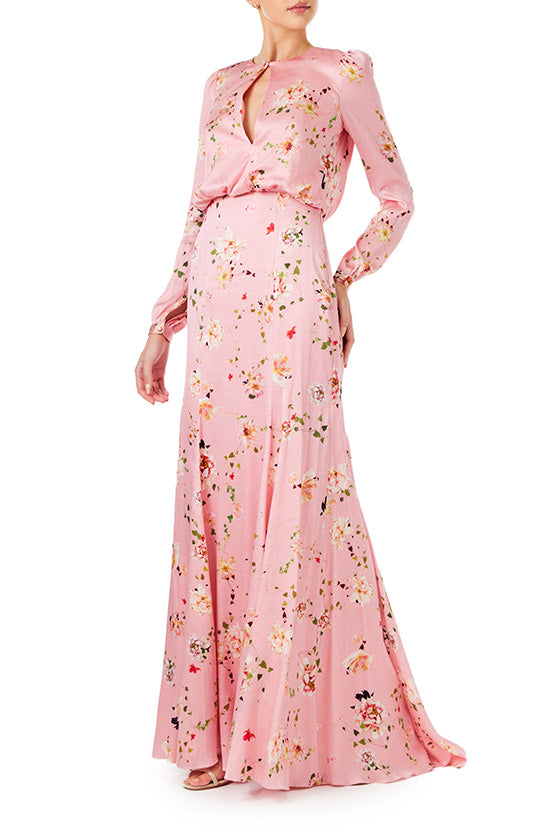 Monique Lhuillier peony floral long sleeve gown with keyhole bodice and draped back.