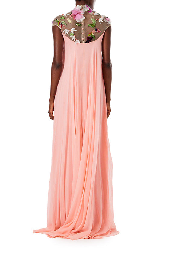 Monique Lhuillier Spring 2024 Melon chiffon caftan gown with floral 3-D embroidery over an illusion tulle neckline - back.