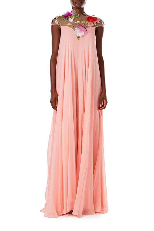 Monique Lhuillier Spring 2024 Melon chiffon caftan gown with floral 3-D embroidery over an illusion tulle neckline - front.