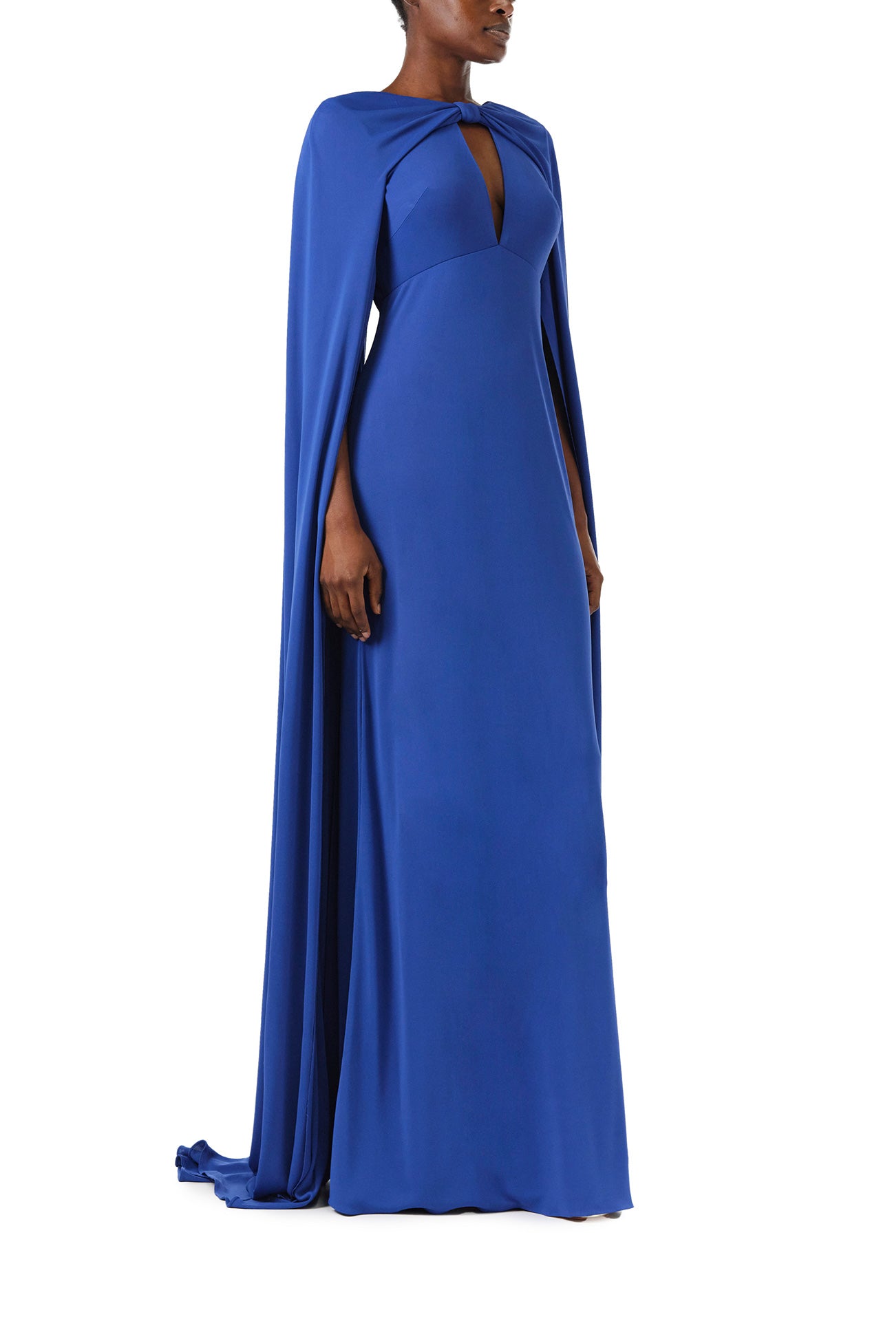Monique Lhuillier Spring 2024 royal blue crepe-back satin gown with attached cape and keyhole bodice - right side.