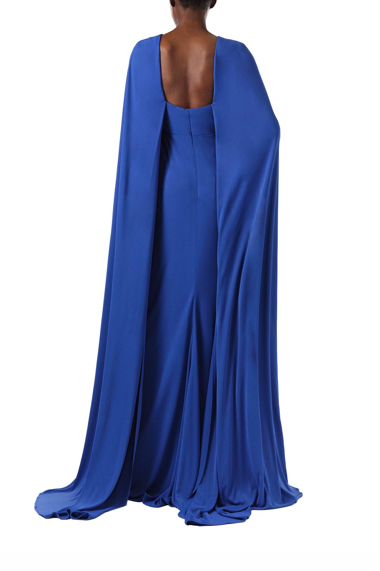 Monique Lhuillier Spring 2024 royal blue crepe-back satin gown with attached cape and keyhole bodice - back.