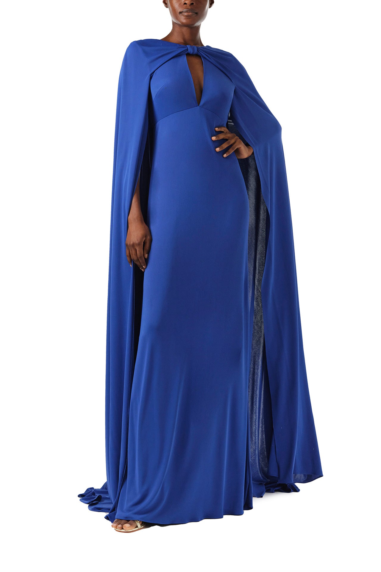 Monique Lhuillier Spring 2024 royal blue crepe-back satin gown with attached cape and keyhole bodice - front.