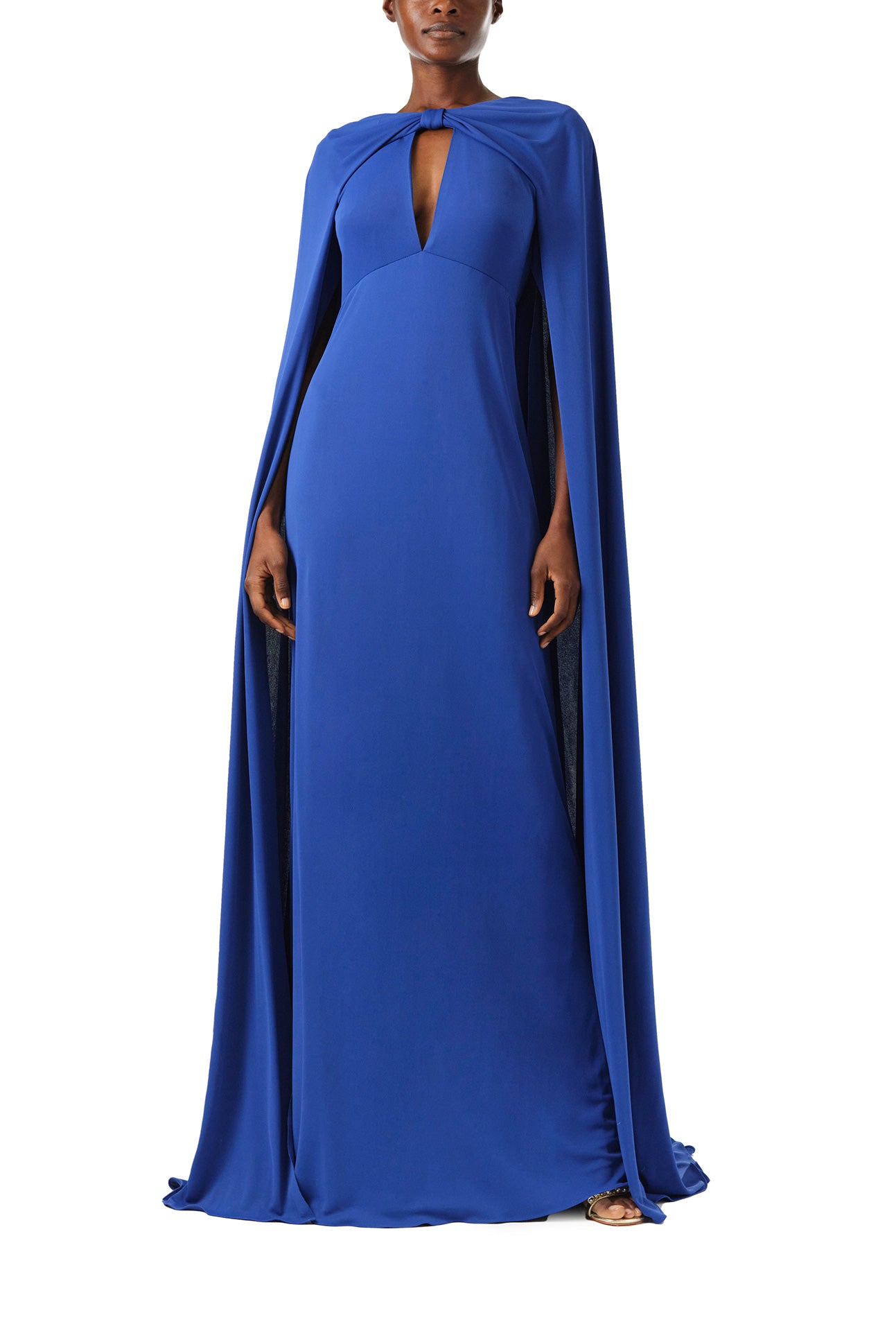 Monique Lhuillier Spring 2024 royal blue crepe-back satin gown with attached cape and keyhole bodice - front two.