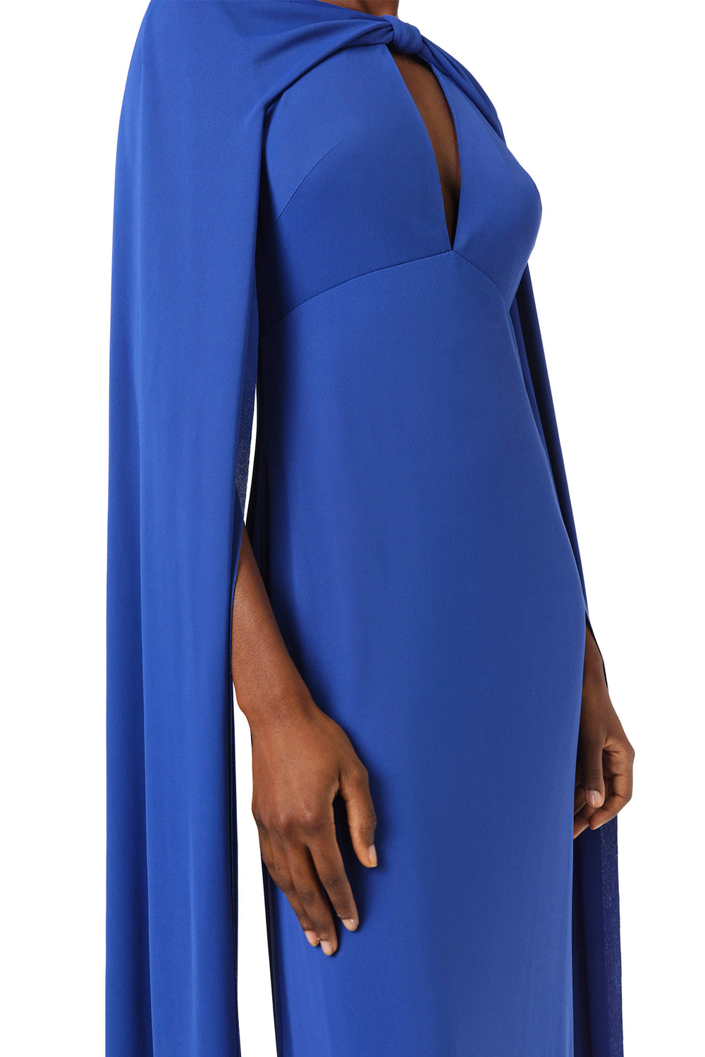 Monique Lhuillier Spring 2024 royal blue crepe-back satin gown with attached cape and keyhole bodice - right detail.