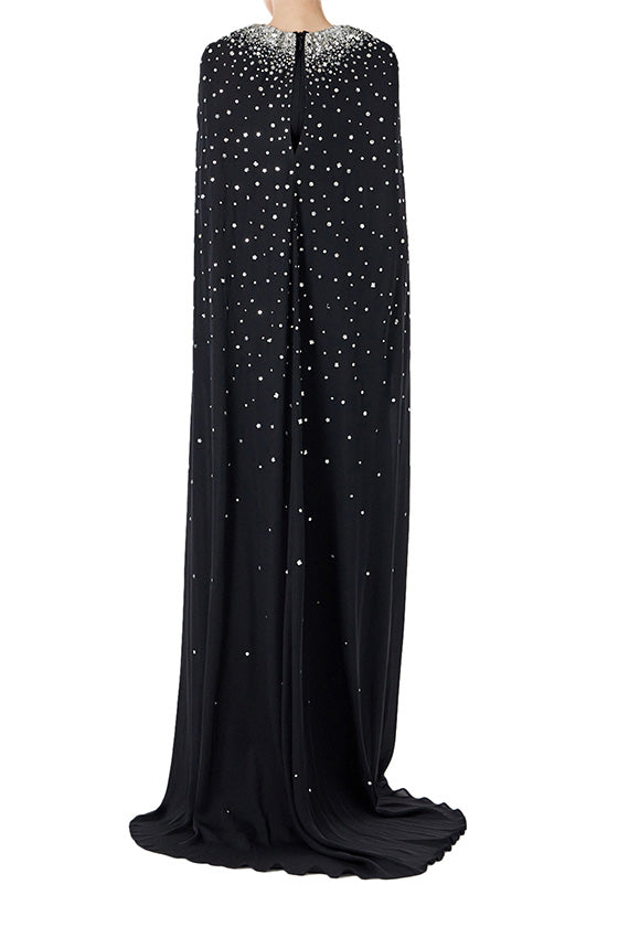 Embroidered Chiffon Cape Gown