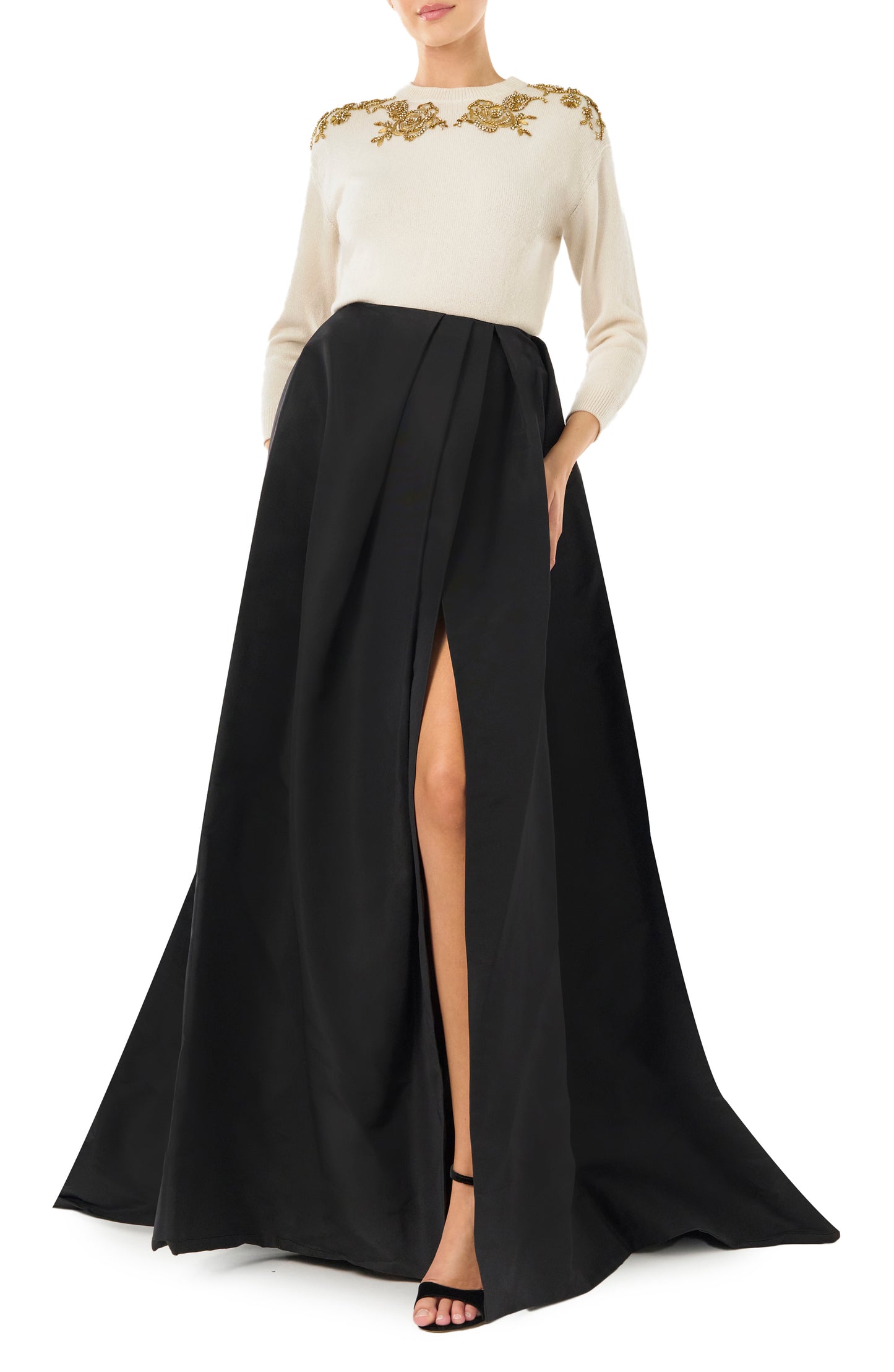 Monique Lhuillier black silk faille ball skirt with high leg slit.