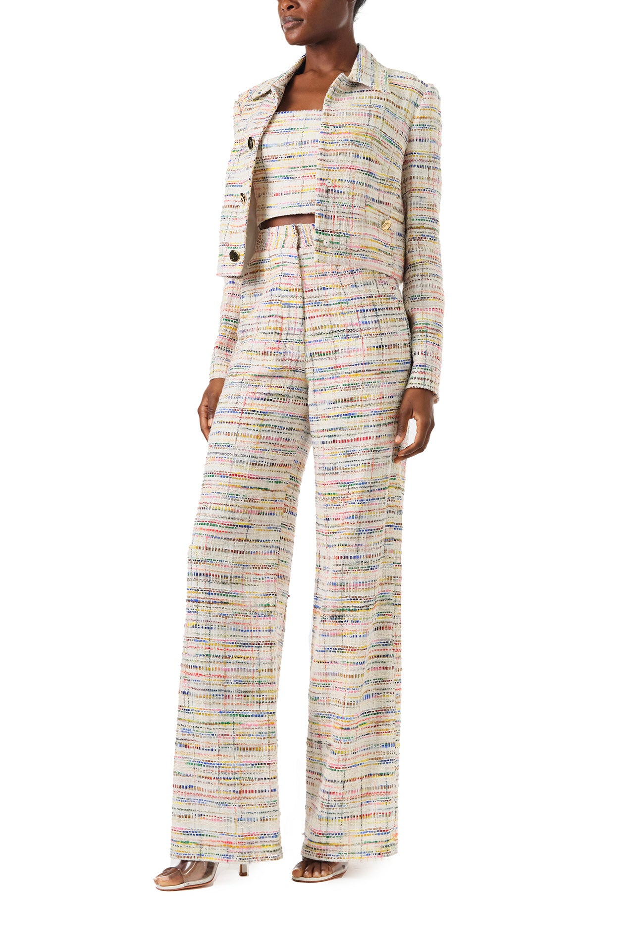 Monique Lhuillier Spring 2024 high waisted trouser with pockets in multi color tweed - left side.