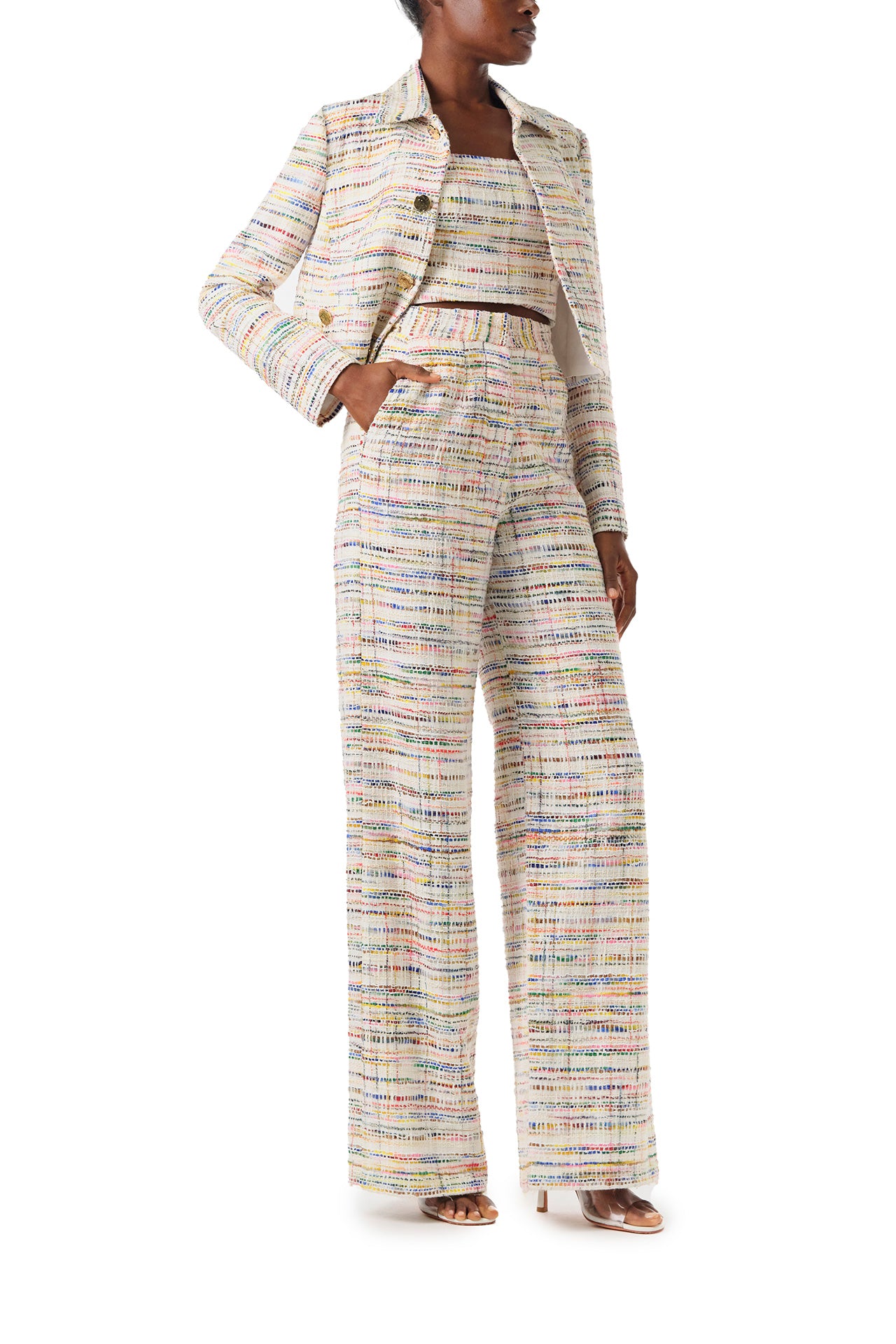 Monique Lhuillier Spring 2024 high waisted trouser with pockets in multi color tweed - right side.