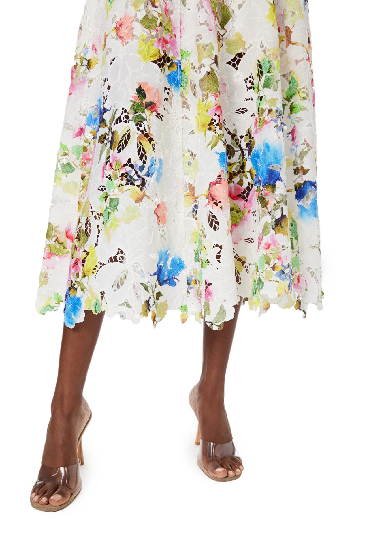 Monique Lhuillier Spring 2024 silk white floral printed lace shirt dress with pockets and a scalloped hem - scalloped hem.