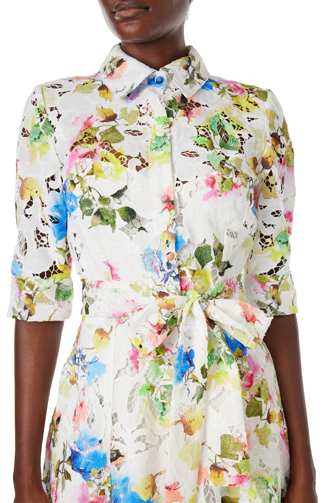 Monique Lhuillier Spring 2024 silk white floral printed lace shirt dress with pockets and a scalloped hem - self tie belt.