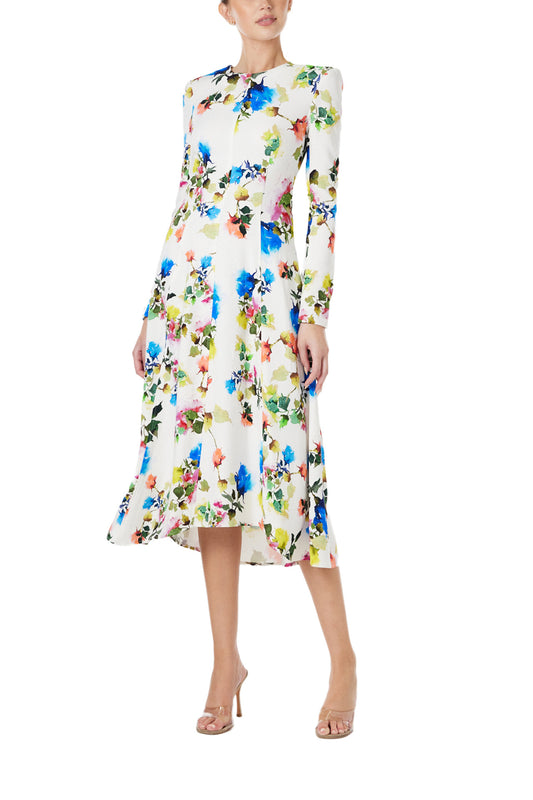 Monique Lhuillier Spring 2024 long sleeve midi dress with jewel neckline in silk white multi floral print - front.