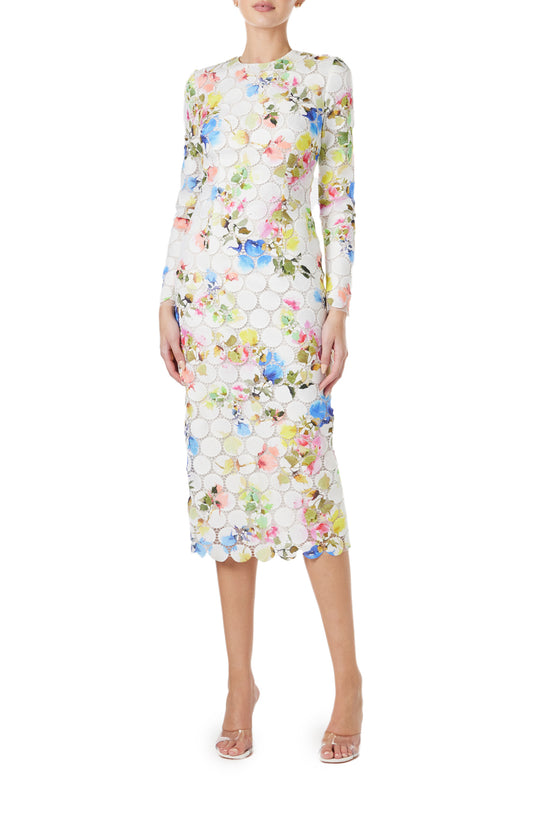 Monique Lhuillier Spring 2024 silk white floral printed circle lace, jewel neck long sleeve sheath with scallop edge at hem - front.