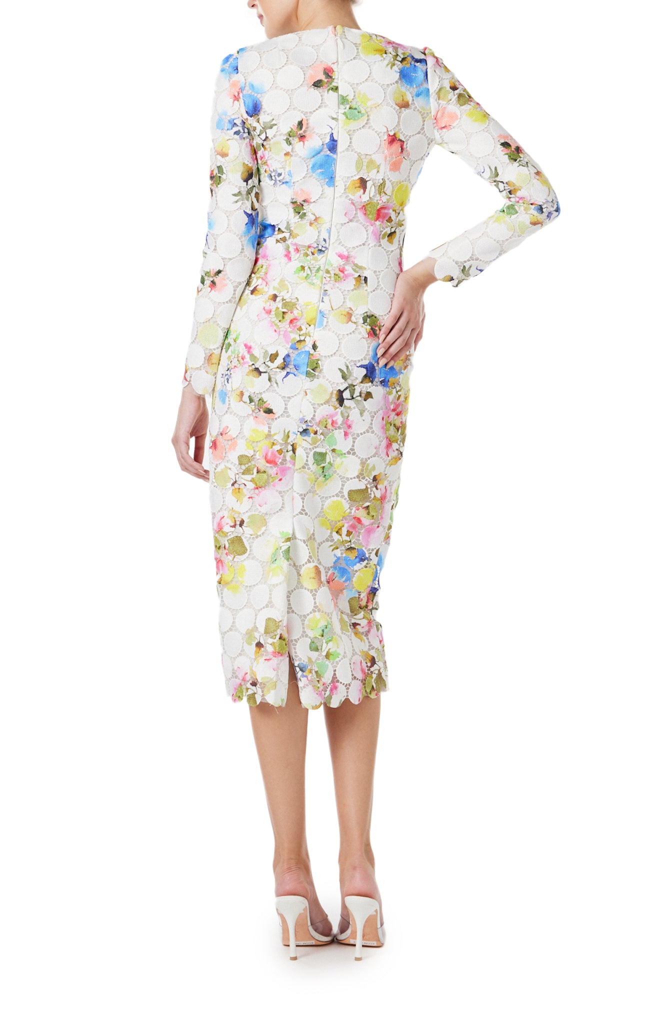 Monique Lhuillier Spring 2024 silk white floral printed circle lace, jewel neck long sleeve sheath with scallop edge at hem - back.