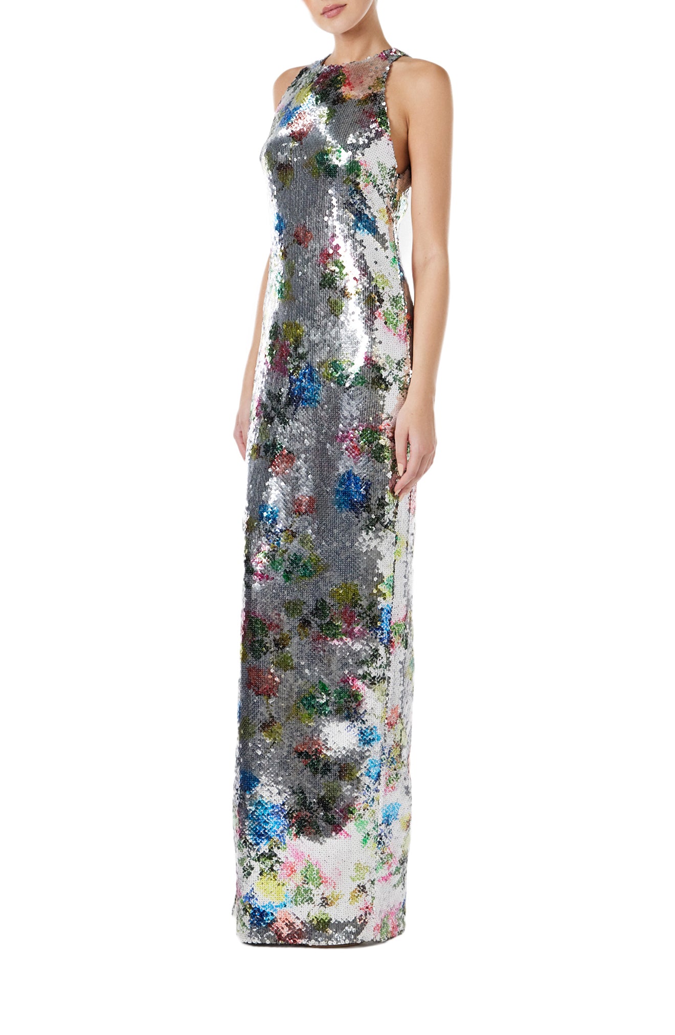 Monique Lhuillier Spring 2024 printed silver sequin colum gown with sleeveless, cut-away neckline - left side.