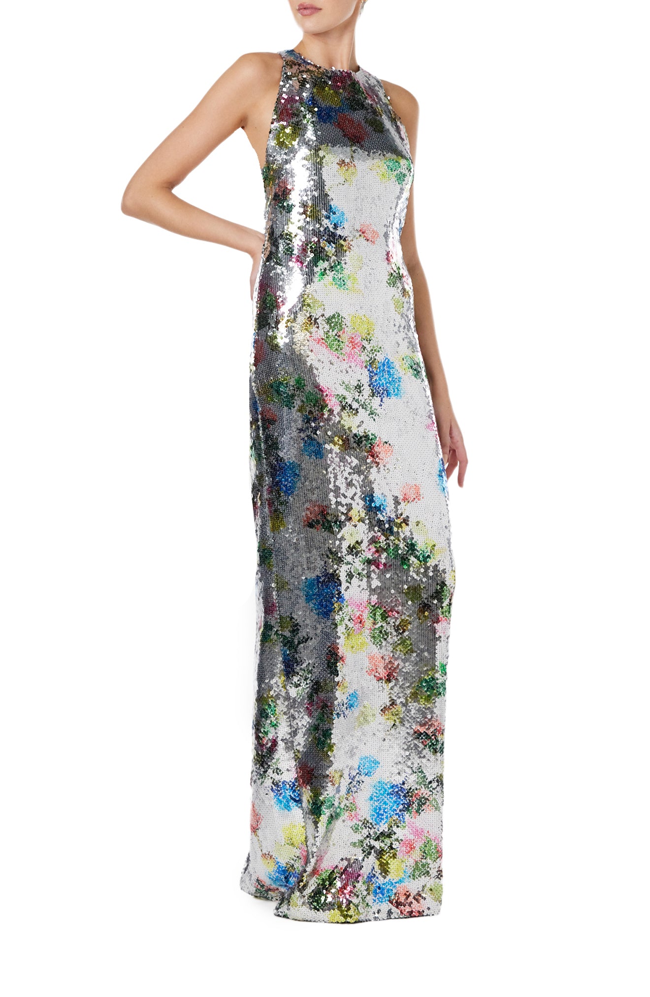 Monique Lhuillier Spring 2024 printed silver sequin colum gown with sleeveless, cut-away neckline - right side.
