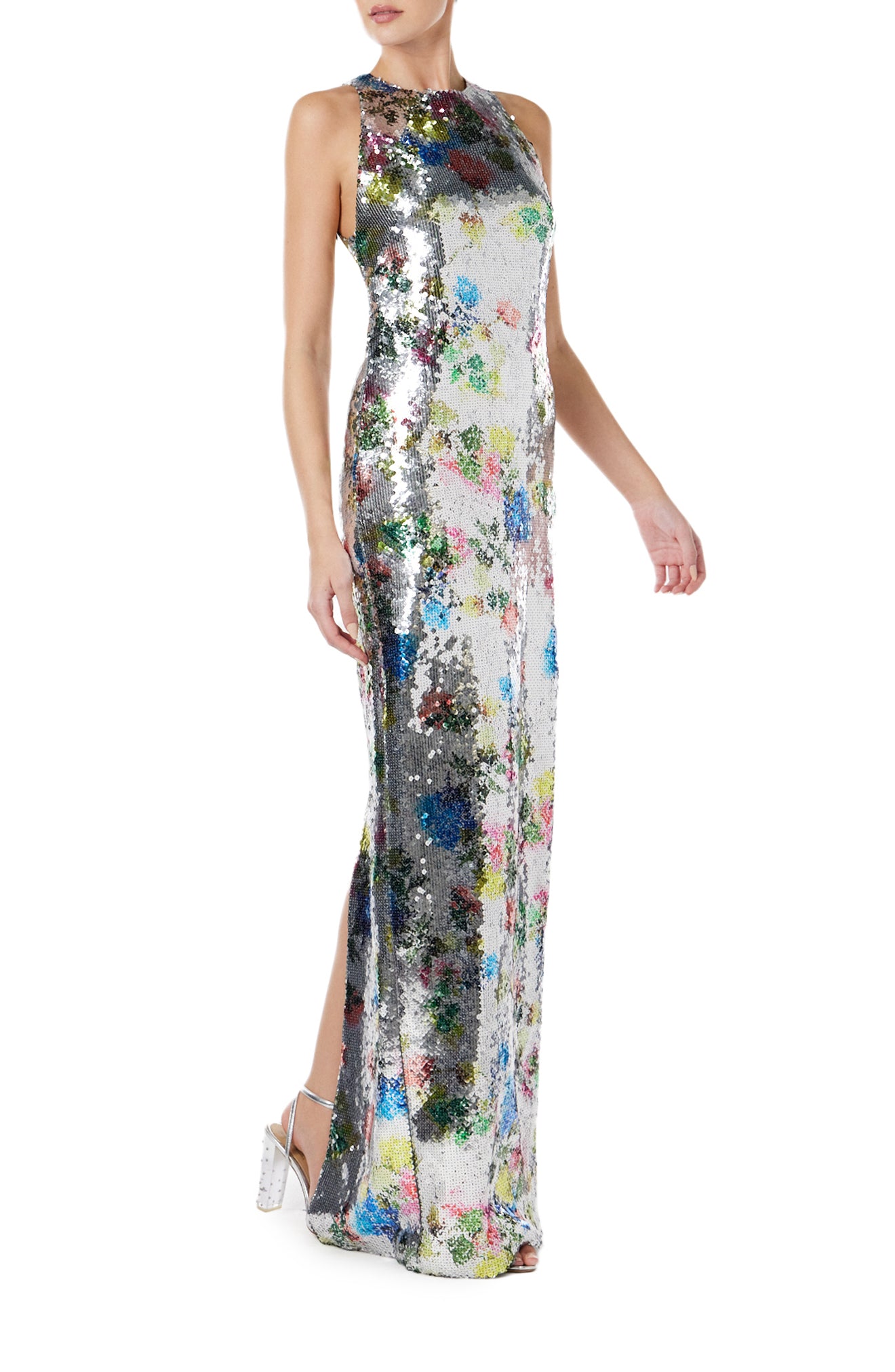Monique Lhuillier Spring 2024 printed silver sequin colum gown with sleeveless, cut-away neckline - right side two.