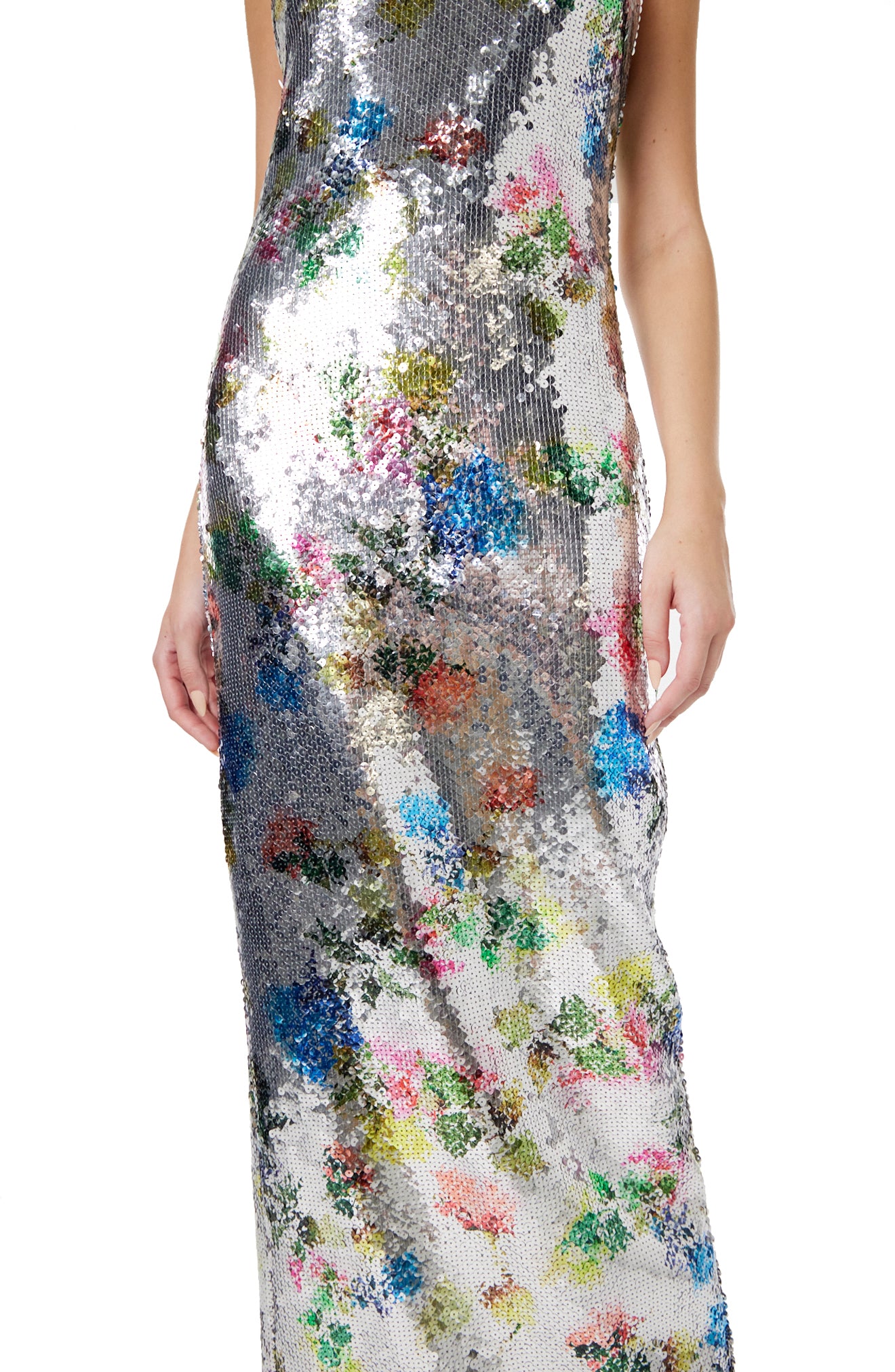 Monique Lhuillier Spring 2024 printed silver sequin colum gown with sleeveless, cut-away neckline - embroidery detail.