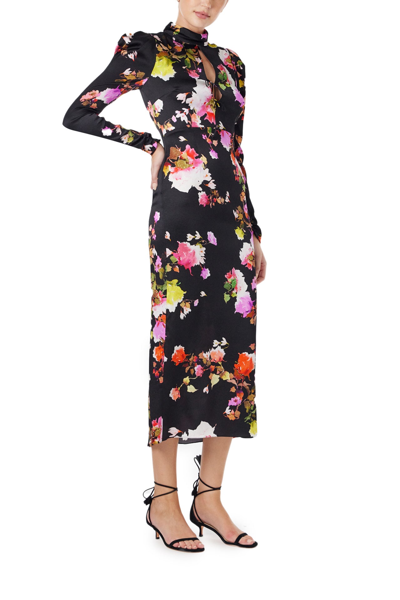 Monique Lhuillier Spring 2024 long sleeve midi dress with high neck and tied front keyhole bodice in black floral hammered silk - right.