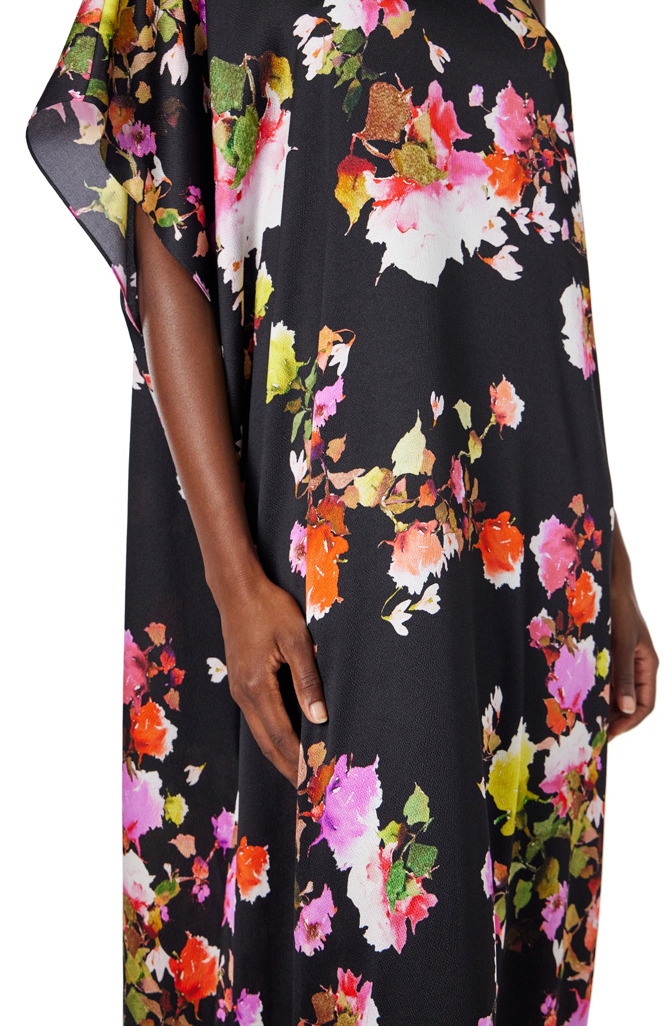 Monique Lhuillier Spring 2024  one shoulder caftan with bias flounce in noir/multi floral hammered silk - detail.