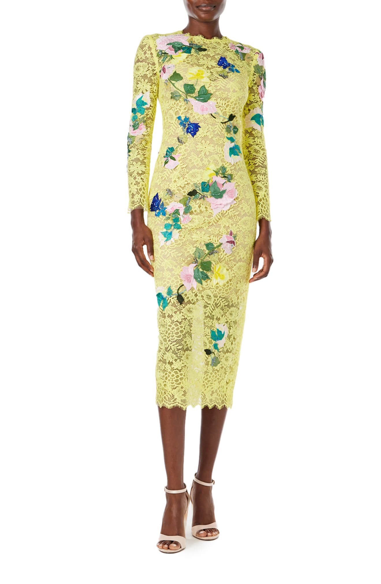 Monique Lhuillier Spring 2024 long sleeve yellow lace midi dress with floral embroidery - front.