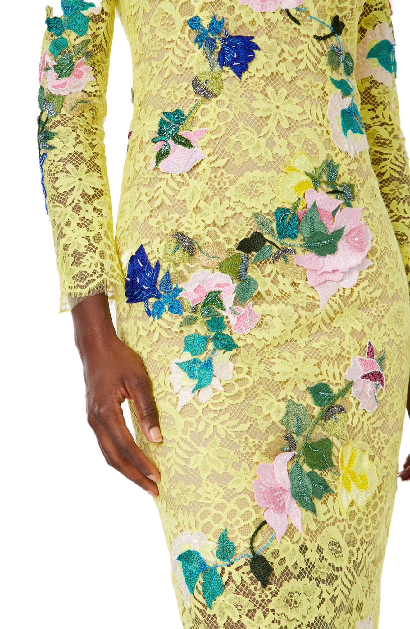 Monique Lhuillier Spring 2024 long sleeve yellow lace midi dress with floral embroidery - close up two.