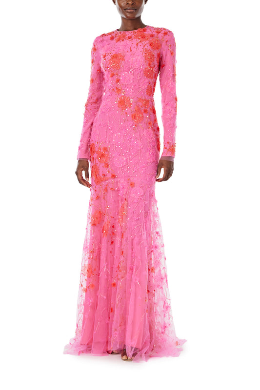 Monique Lhuillier Spring 2024 long sleeve gown in raspberry red embroidery - front.