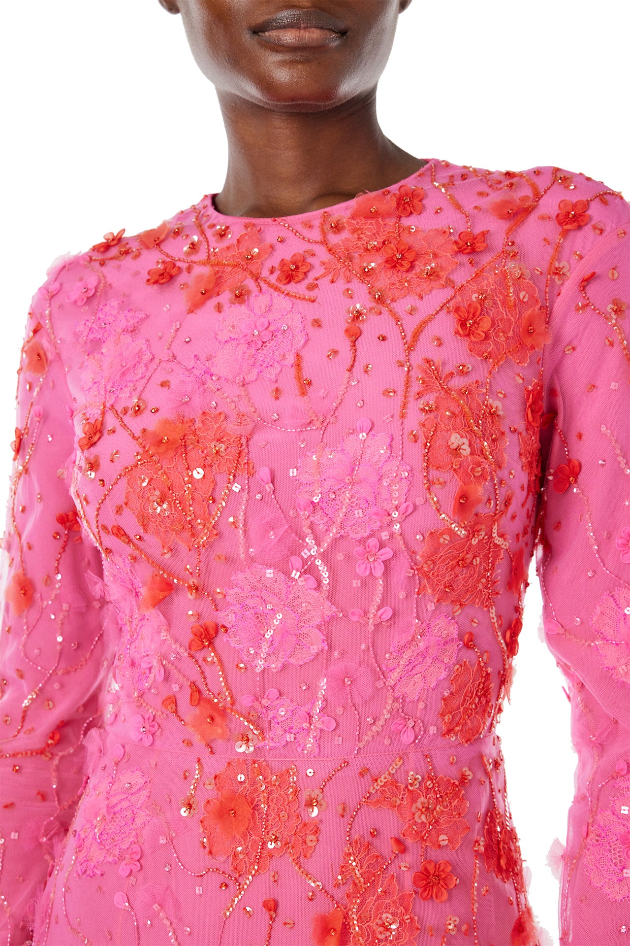 Monique Lhuillier Spring 2024 long sleeve gown in raspberry red embroidery - detail.