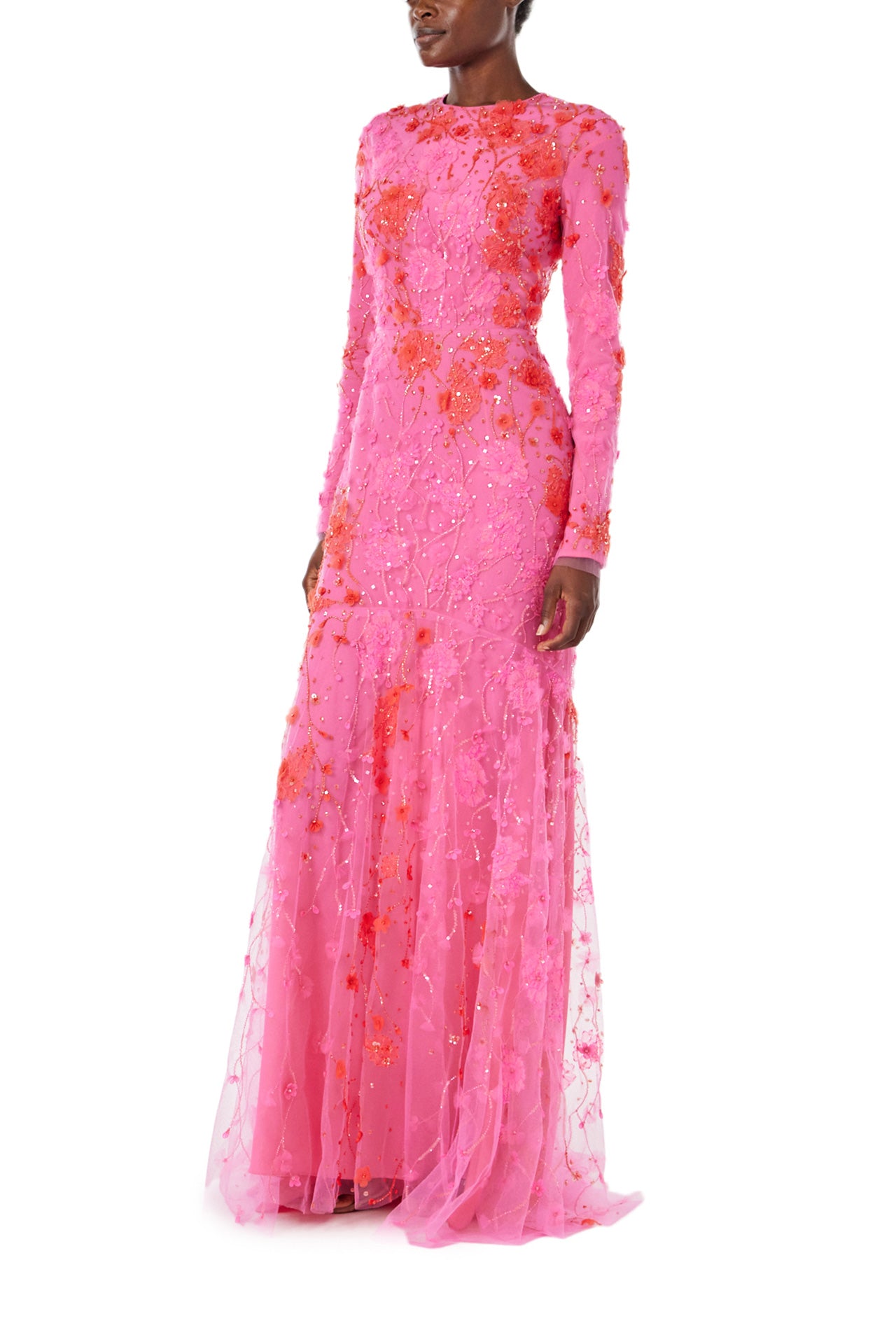 Monique Lhuillier Spring 2024 long sleeve gown in raspberry red embroidery - side.