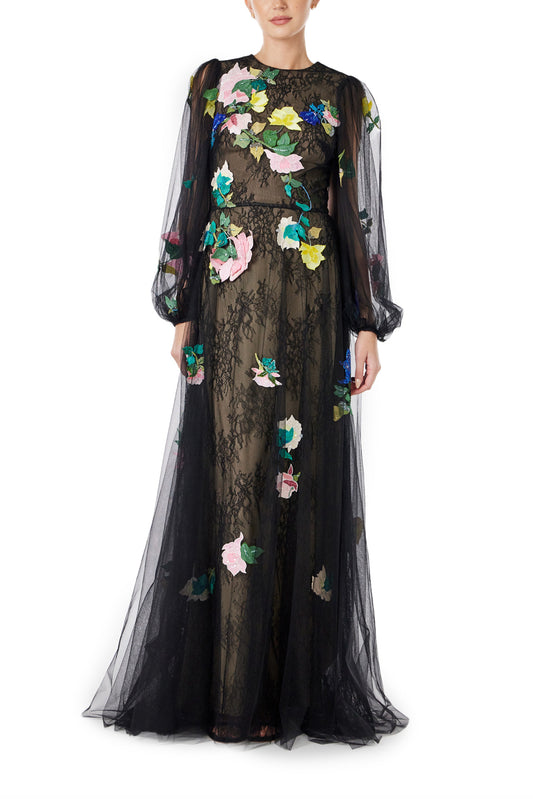 Monique Lhuillier Spring 2024 jewel neck, puff sleeve gown with sheer sleeves and floral embroidery over a lace underlay in black tulle - front.