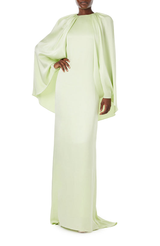 Monique Lhuillier Spring 2024 floor length capelet gown with jewel neckline in honeydew colored crepe back satin - front.