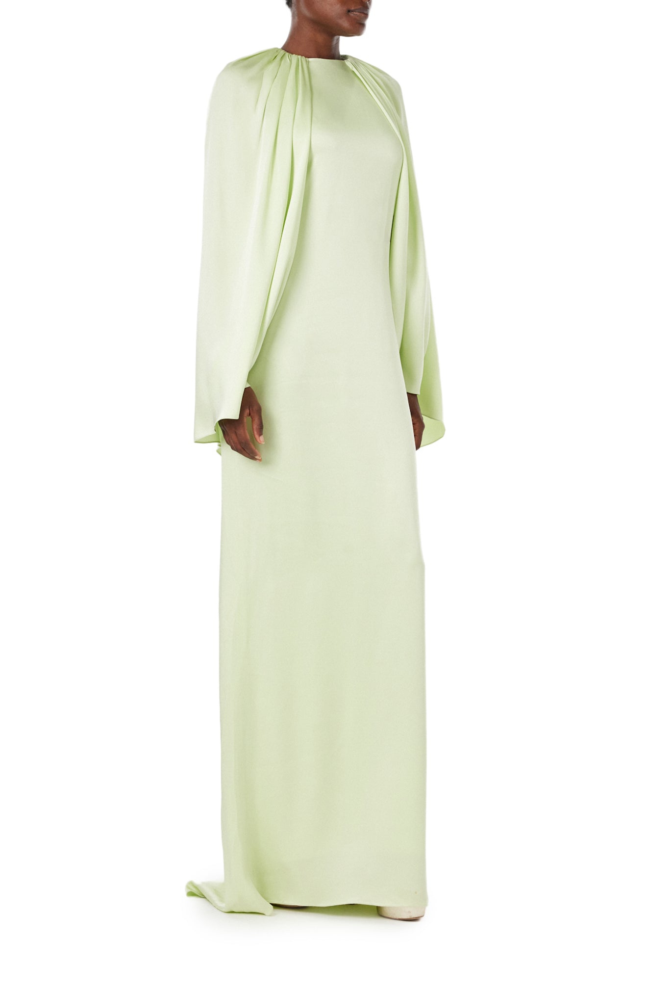 Monique Lhuillier Spring 2024 floor length capelet gown with jewel neckline in honeydew colored crepe back satin - right side.