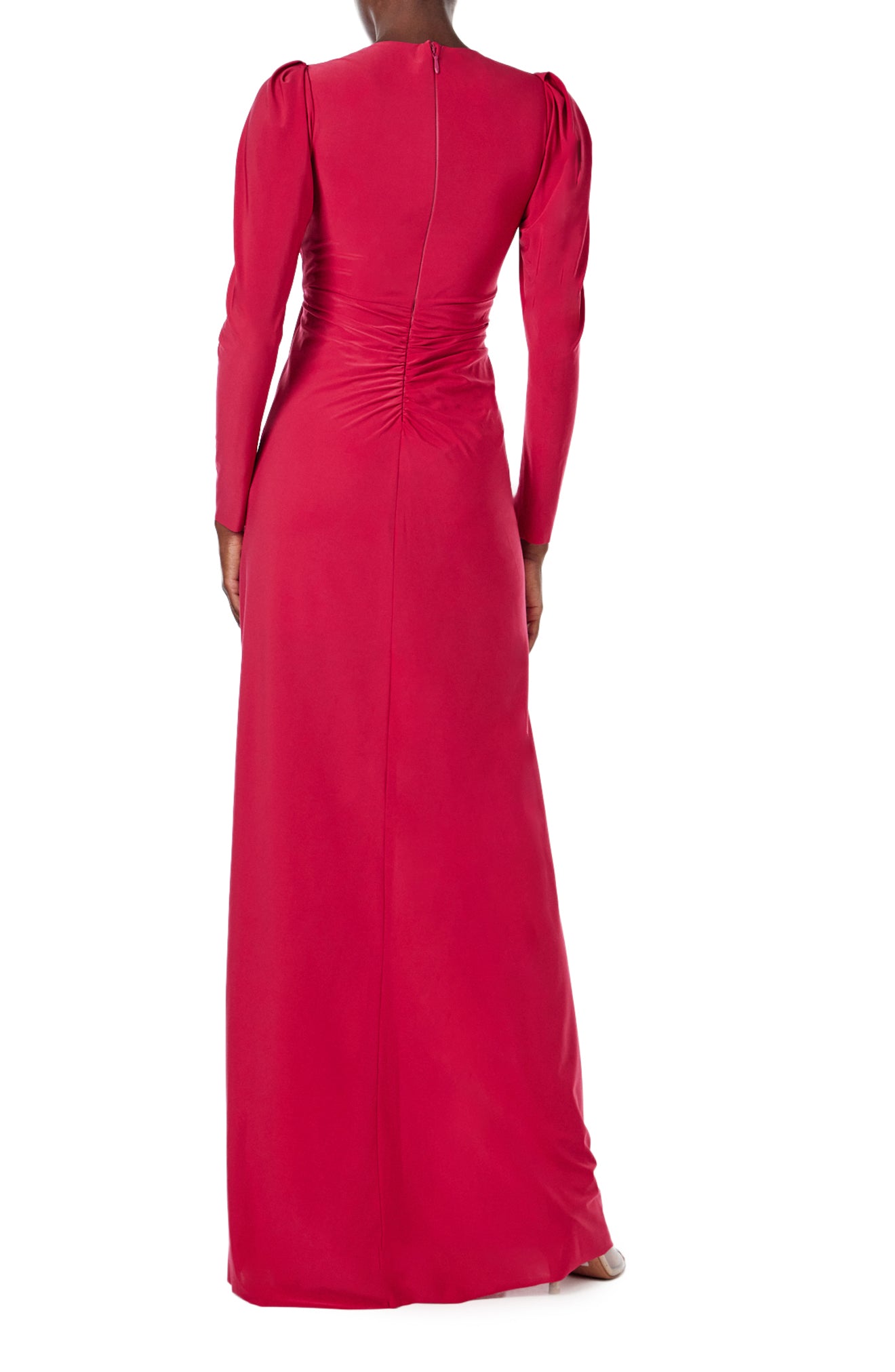 Monique Lhuillier Spring 2024 scarlet red matte jersey long sleeve, gown with draped bodice, jewel neckline and high front skirt slit - back.