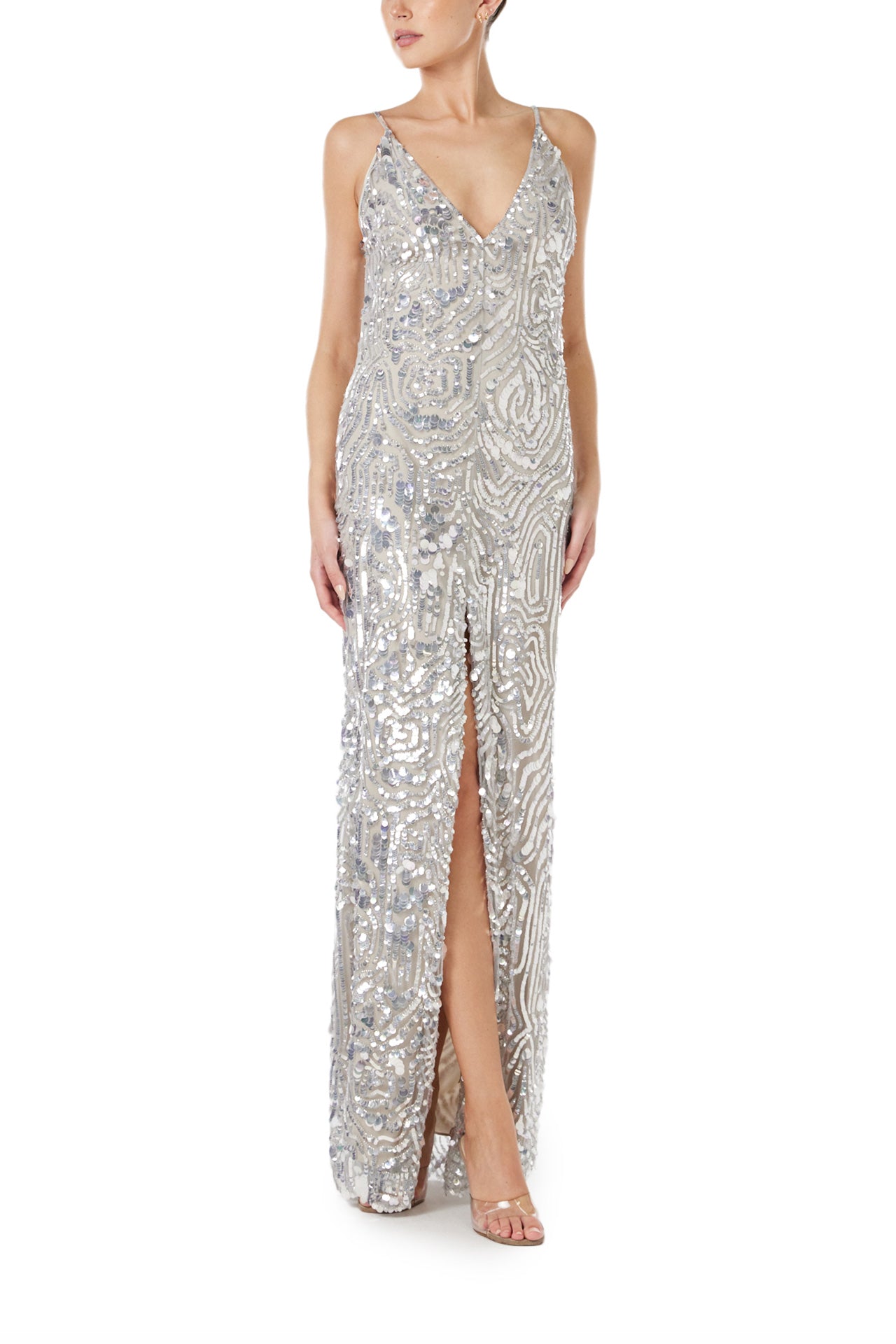 Monique Lhuillier Spring 2024 silver sequin slip gown with deep v neckline and high front slit - front 2.