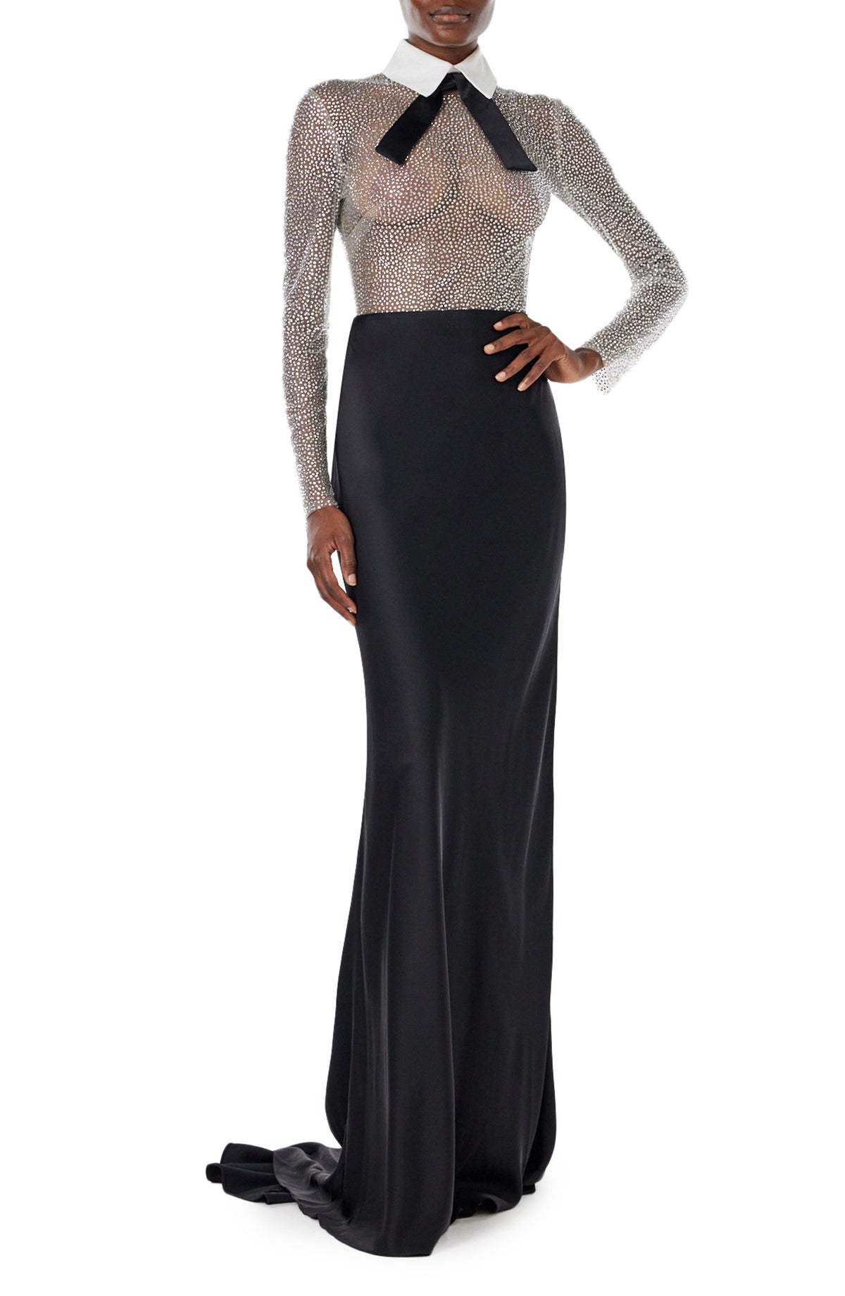 Monique Lhuillier Spring 2024 sheer, silver embroidered body suit with attached collar and detachable, self-tie bow - front full.