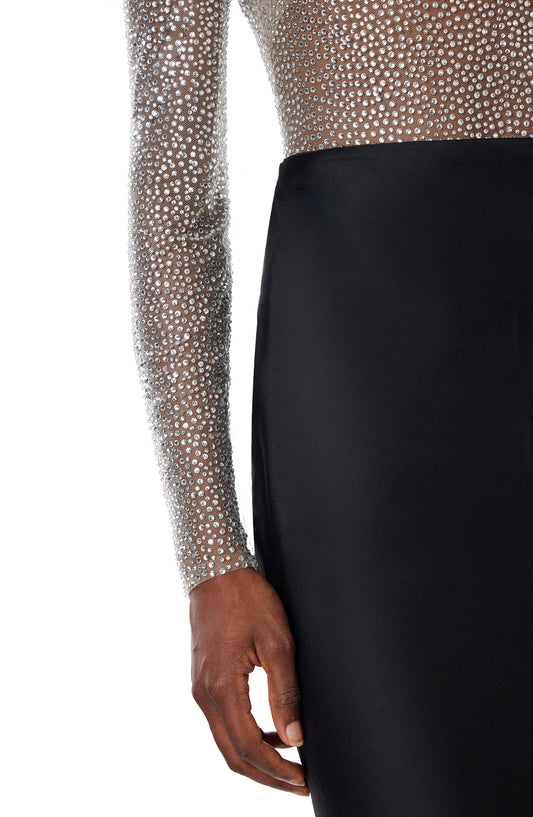 Monique Lhuillier Spring 2024 sheer, silver embroidered body suit with attached collar and detachable, self-tie bow - sleeve detail.