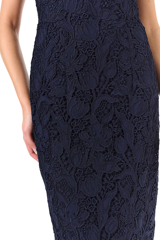 Monique Lhuillier Fall 2024 night sky colored lace sheath dress with short sleeves, scoop neckline and lace scalloped detailing - lace.