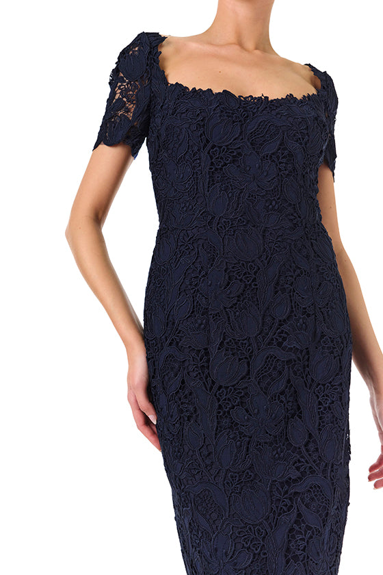 Monique Lhuillier Fall 2024 night sky colored lace sheath dress with short sleeves, scoop neckline and lace scalloped detailing - fabric.