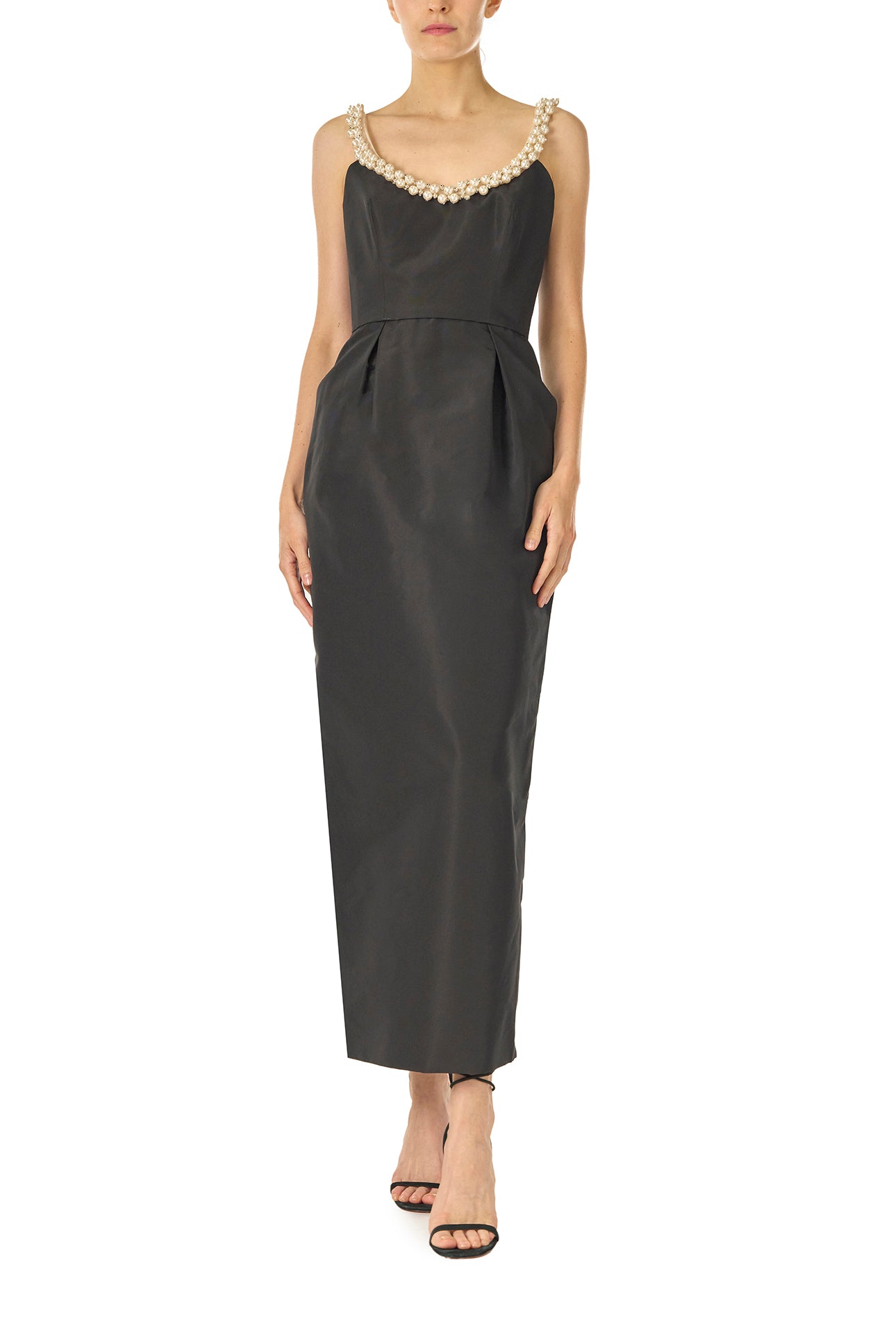 Monique Lhuillier Fall 2024 Sleeveless, scoop neck cocktail dress with pockets and pearl embroidered neckline in noir silk faille - front.