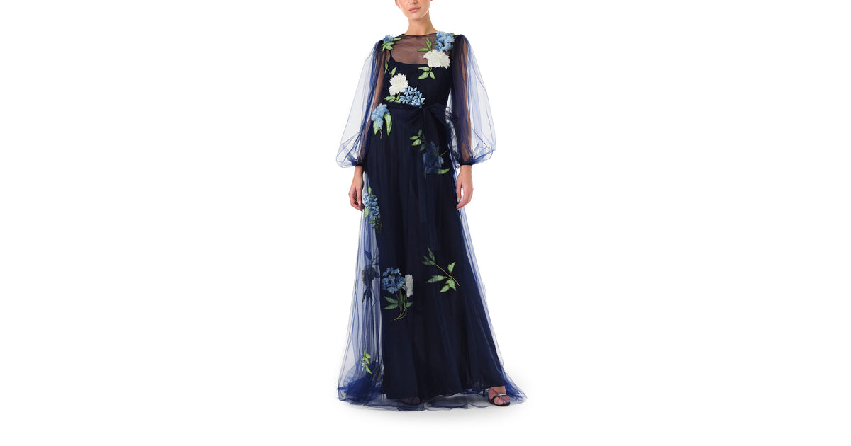 Puffed Sleeve Embroidered Tulle Gown 12 / Night Sky
