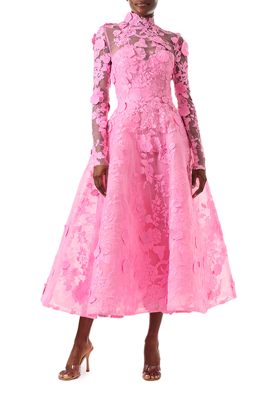 Monique Lhuillier Fall 2024 tea-length, strapless dress in pink 3D lace with full skirt and fitted sweetheart bodice - front with lace jacket.
