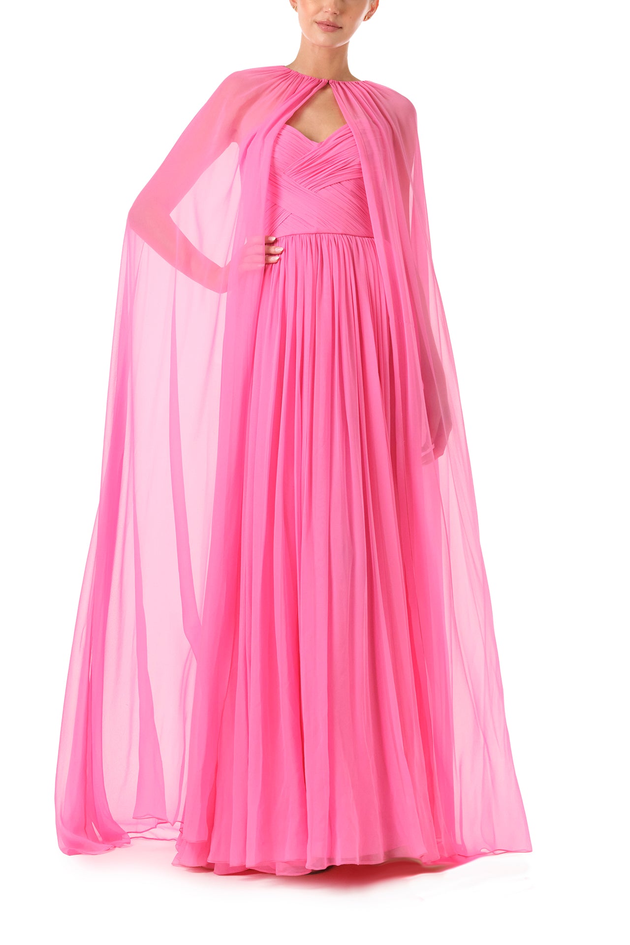 Monique Lhuillier Fall 2024 floor length, sheer pink chiffon cape - front.