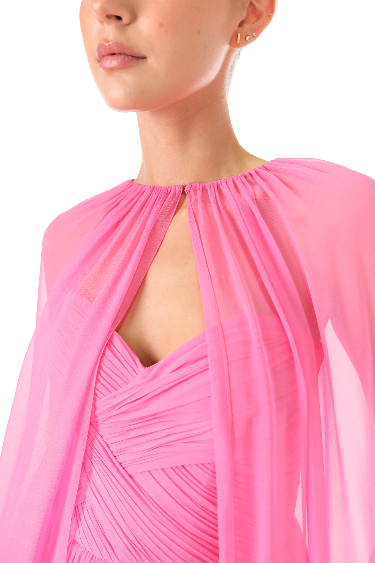 Monique Lhuillier Fall 2024 floor length, sheer pink chiffon cape - neckline closure.