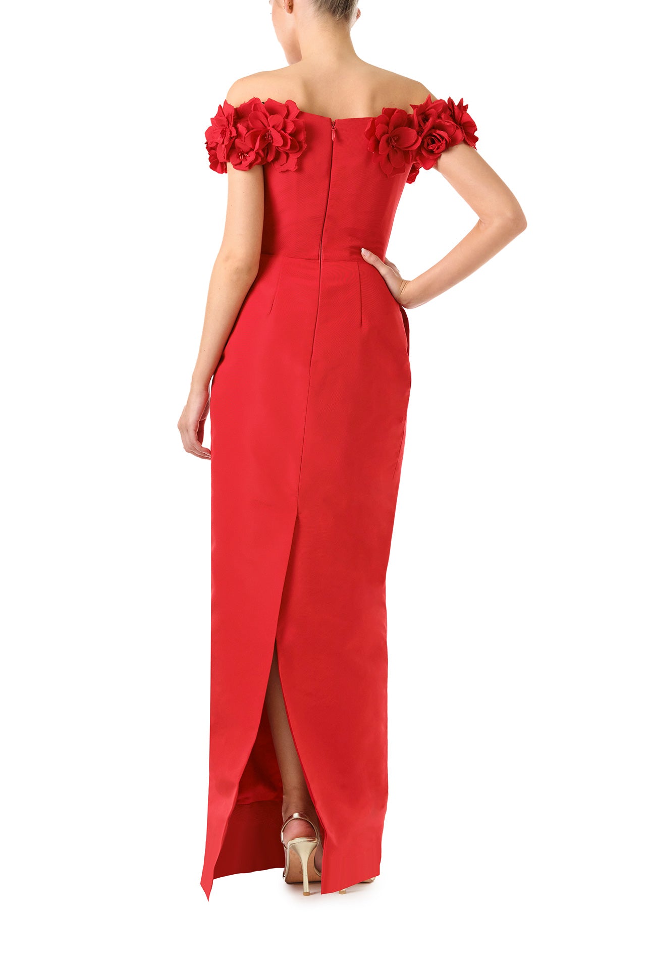Monique Lhuillier Fall 2024 red silk faille, off the shoulder column gown with floral applique neckline - back.