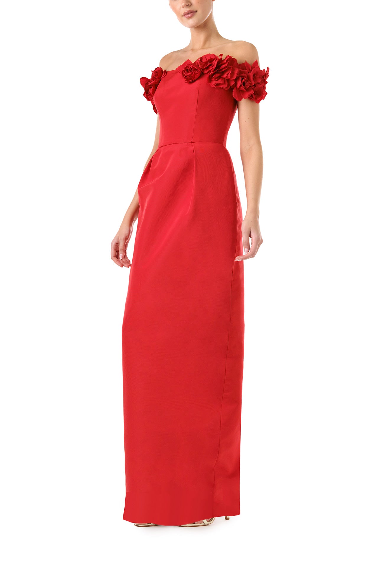 Monique Lhuillier Fall 2024 red silk faille, off the shoulder column gown with floral applique neckline - left side.