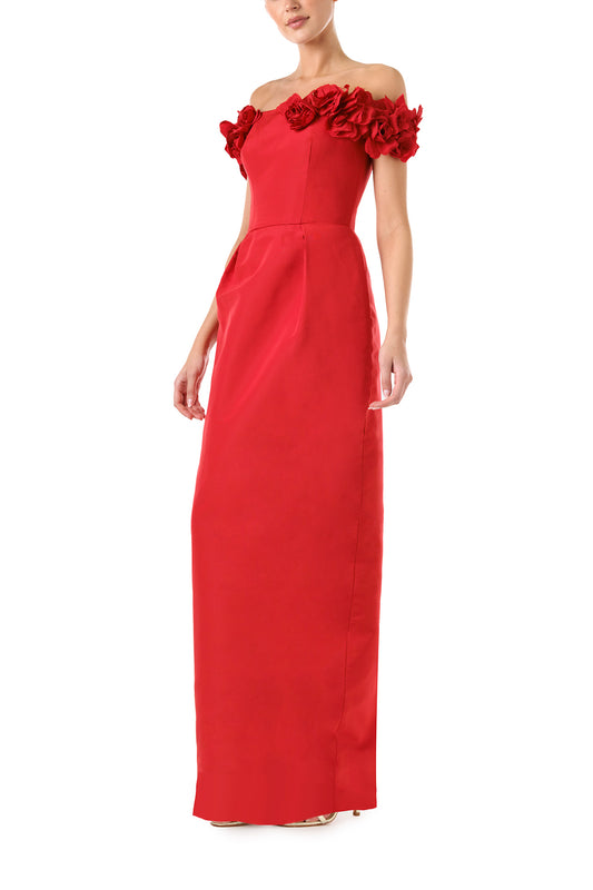 Monique Lhuillier Fall 2024 red silk faille, off the shoulder column gown with floral applique neckline - left side.