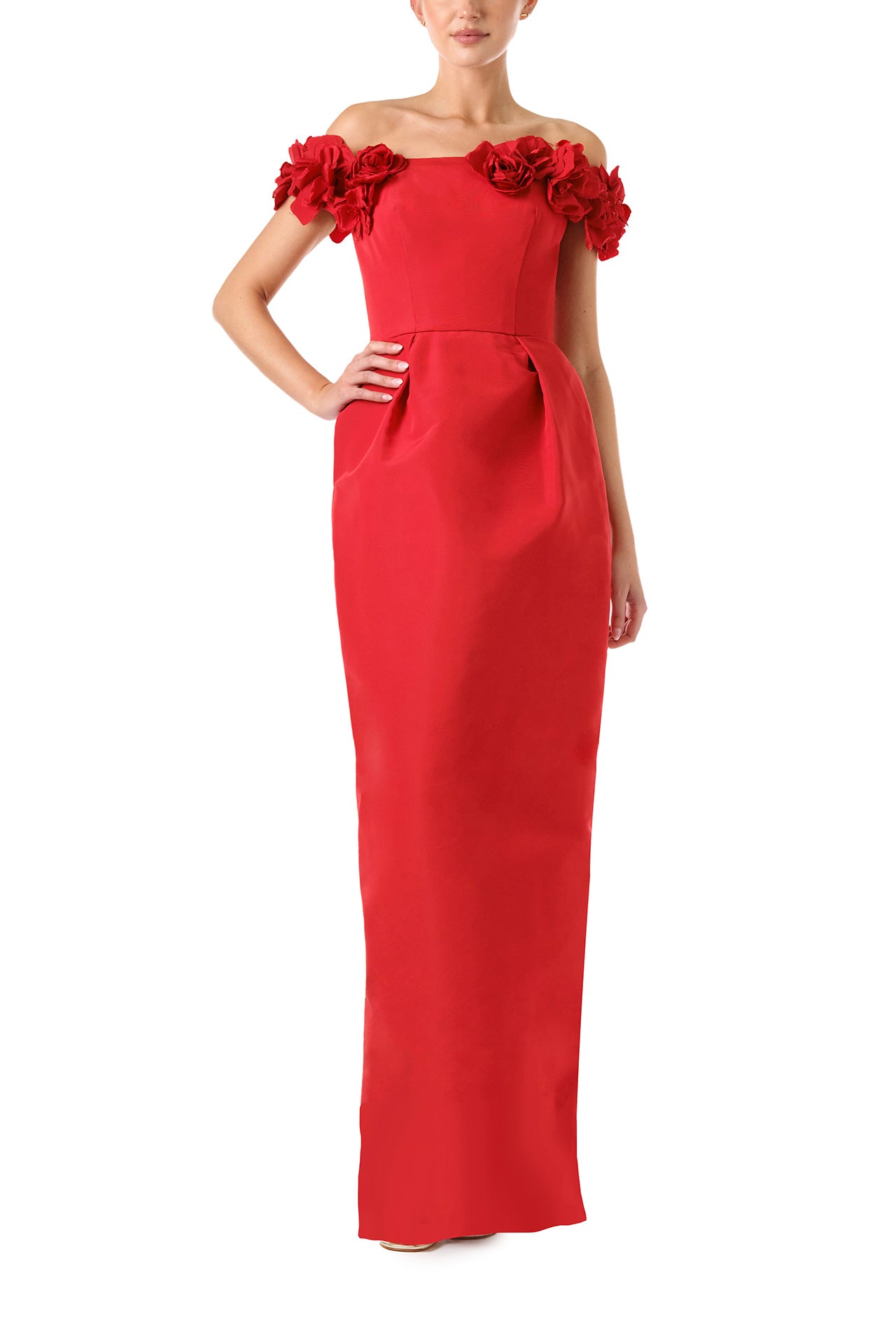 Monique Lhuillier Fall 2024 red silk faille, off the shoulder column gown with floral applique neckline - front.