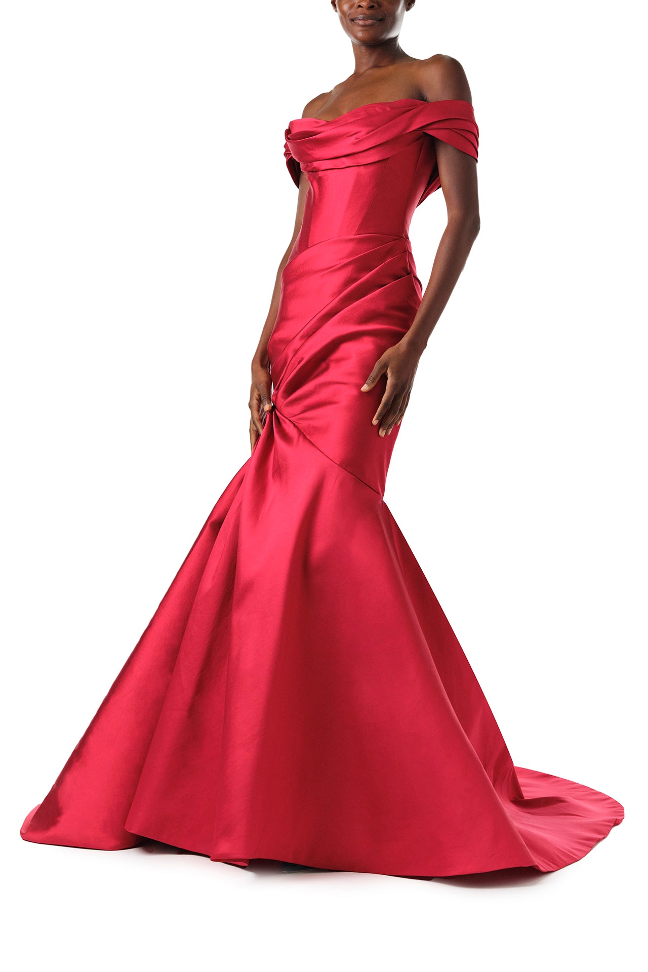 Monique Lhuillier Fall 2024 scarlet mikado, off-the-shoulder, draped gown with trumpet skirt and low back - front.